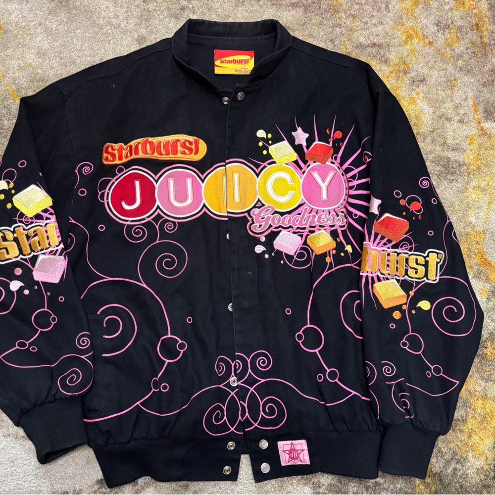 JH Collectibles Starburst Black Bomber Jacket with Pink and Yellow Accents